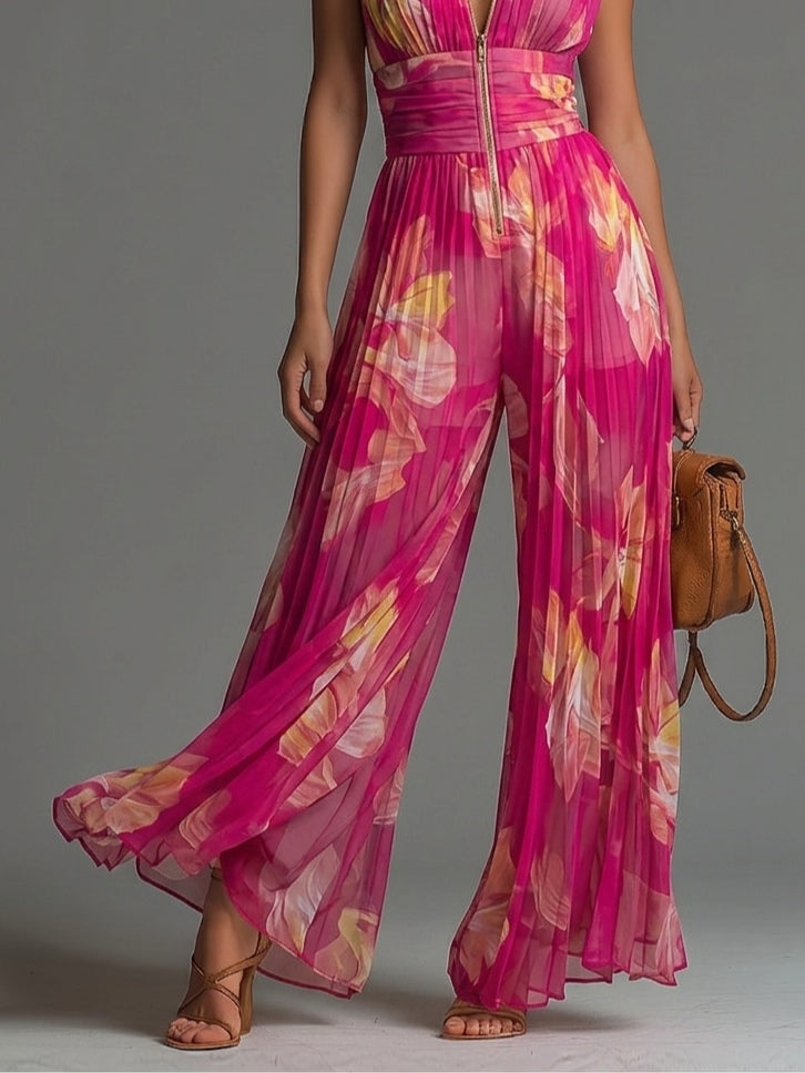 Leabella | Fuchsie Plisovaný Jumpsuit s Květinovým Vzorem