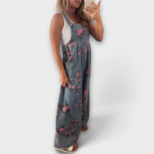Bethany - Floral Print Denim Cargo Pants