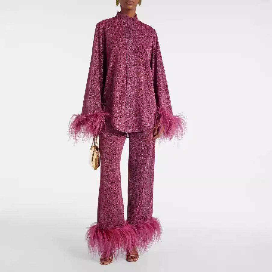 Lya - Two-piece set with feather trim collar