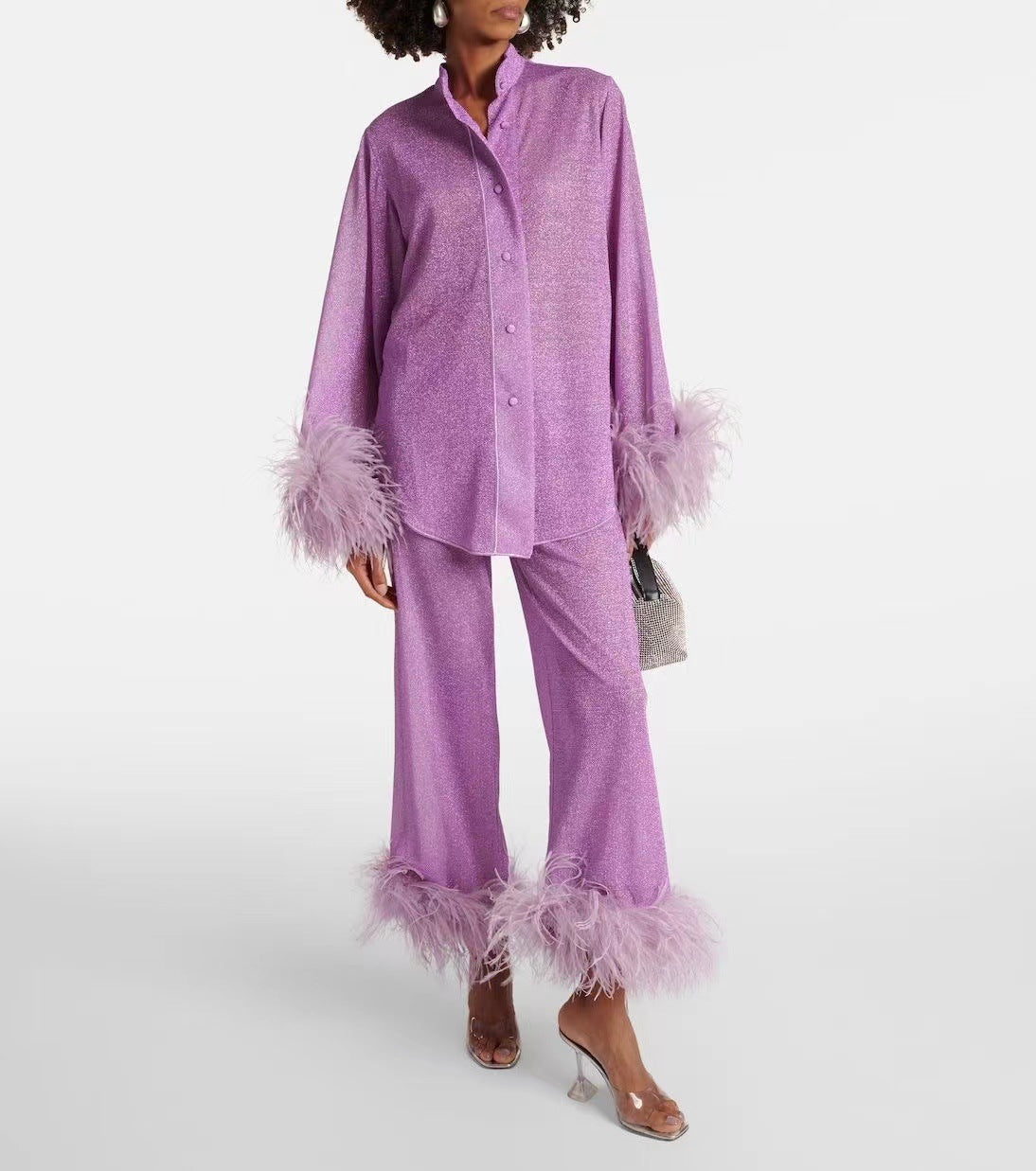 Lya - Two-piece set with feather trim collar