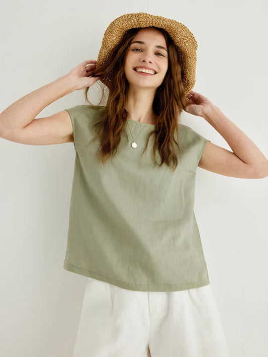 Linen t-shirt with floral sleeves