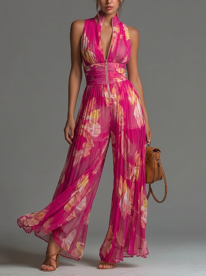 Leabella | Fuchsie Plisovaný Jumpsuit s Květinovým Vzorem